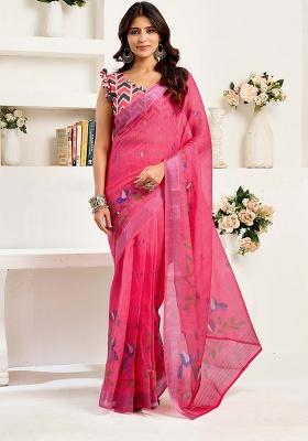 Pink Motif Cotton Blend Saree Set