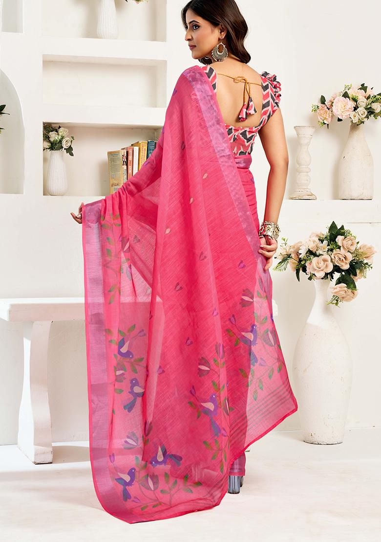 Pink Motif Cotton Blend Saree Set - Indya