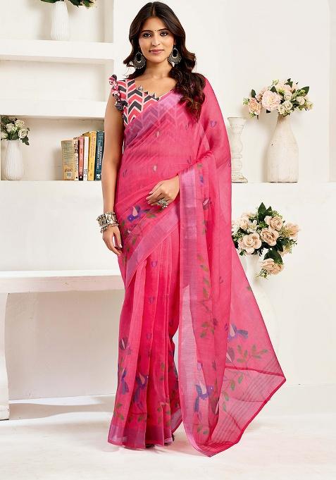 Pink Motif Cotton Blend Saree Set