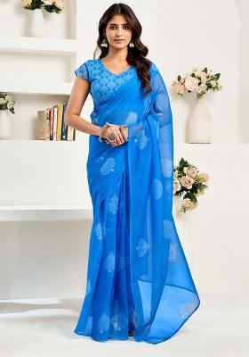 Royal Blue Motif Cotton Blend Saree Set