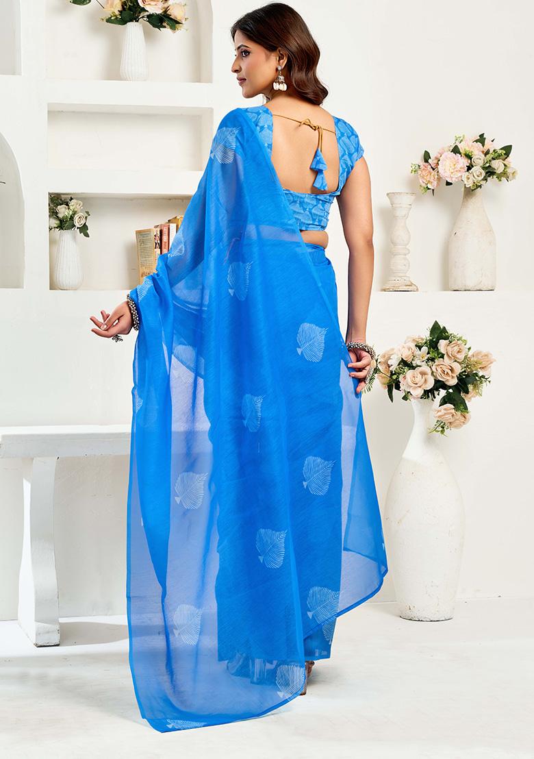 Royal Blue Motif Cotton Blend Saree Set - Indya