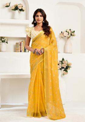 Yellow Motif Cotton Blend Saree Set