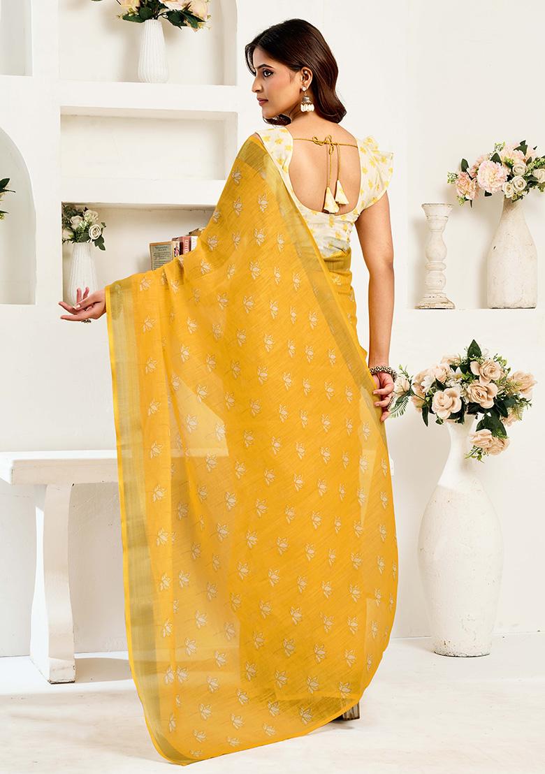 Yellow Motif Cotton Blend Saree Set - Indya