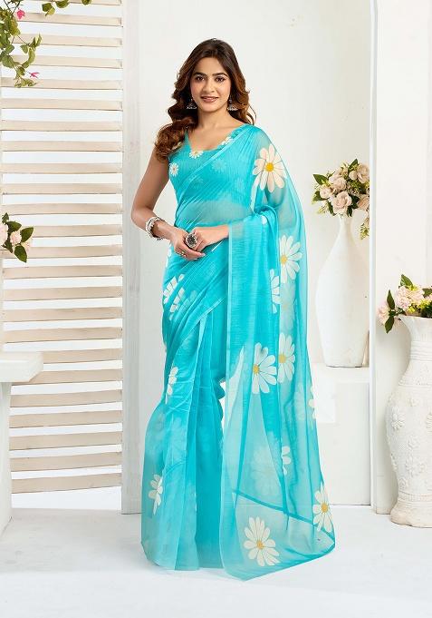 Aqua Blue Motif Cotton Blend Saree Set