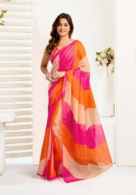 Multicolor Motif Cotton Blend Saree Set
