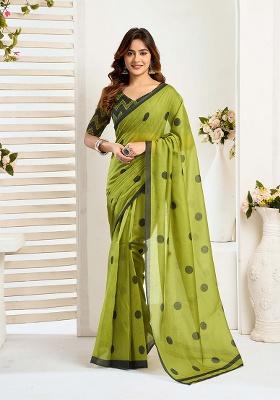 Green Motif Cotton Blend Saree Set
