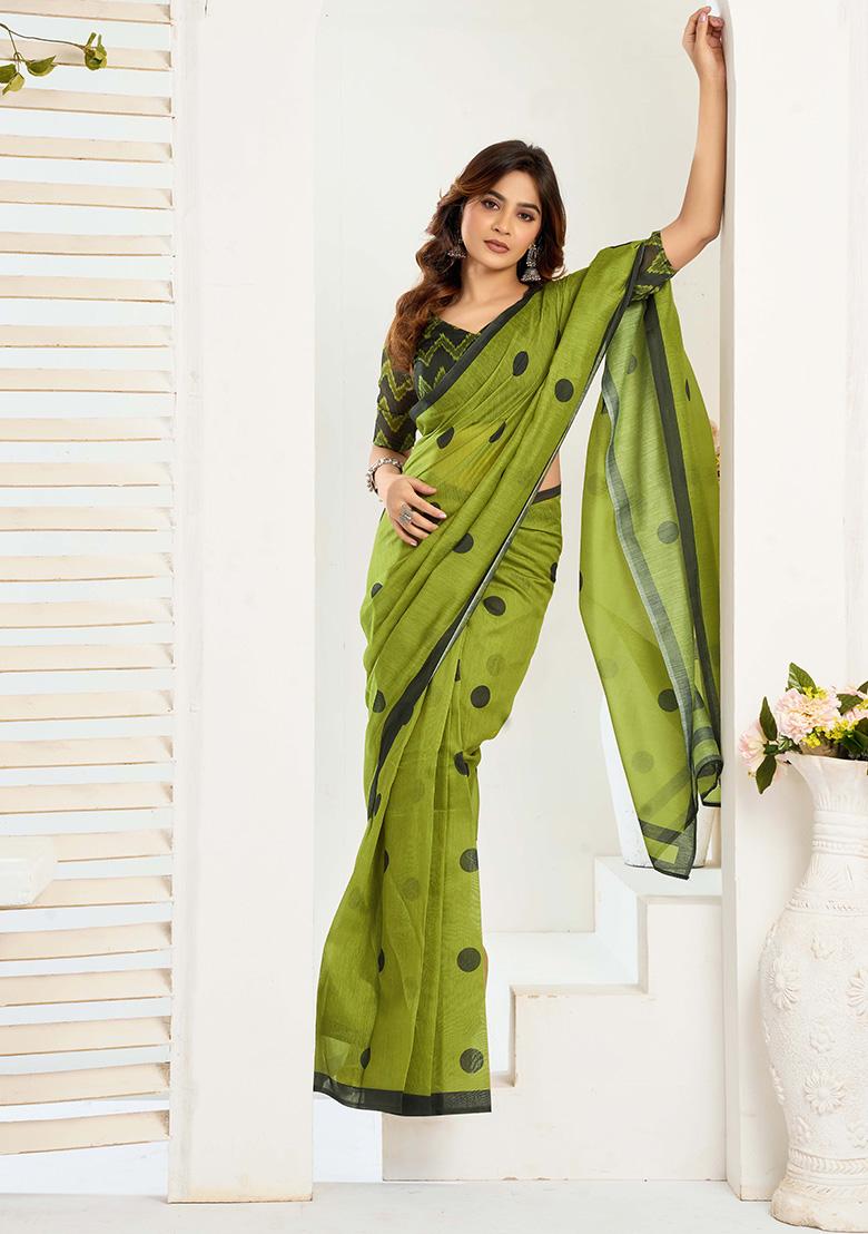 Green Motif Cotton Blend Saree Set - Indya