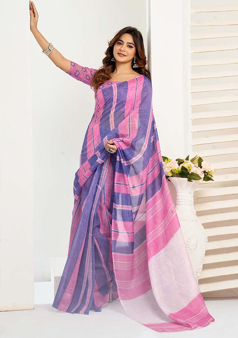 Pink Motif Cotton Blend Saree Set - Indya