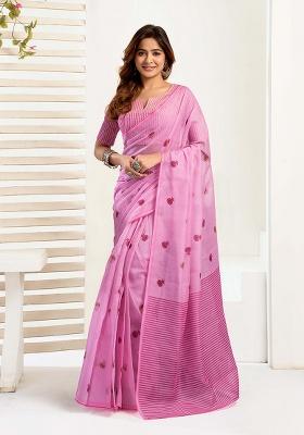 Light Pink Motif Cotton Blend Saree Set