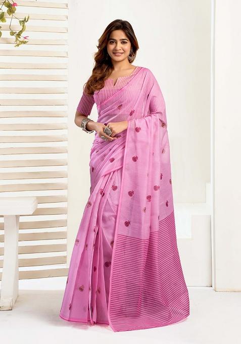 Light Pink Motif Cotton Blend Saree Set