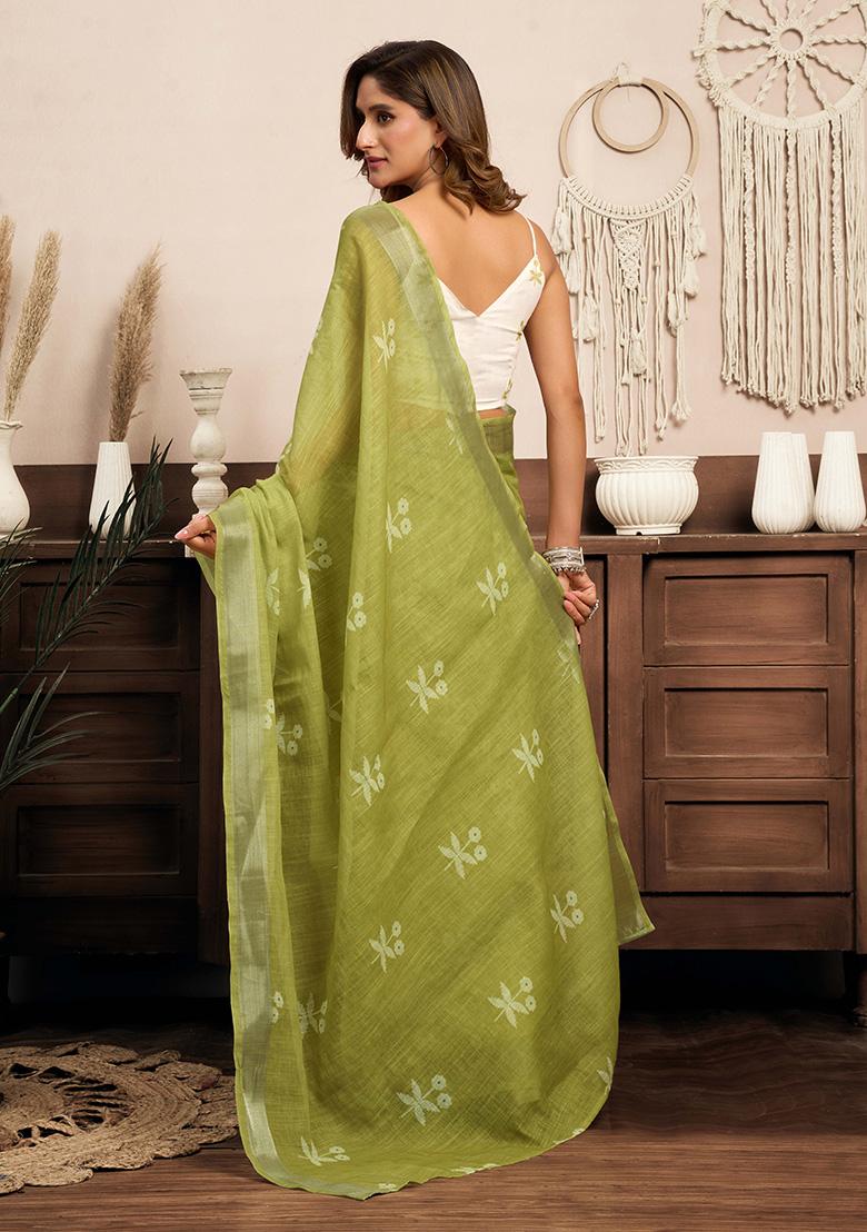 Light Green Motif Cotton Blend Saree Set - Indya