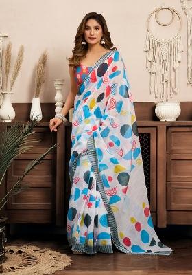 Multicolor Motif Cotton Blend Saree Set
