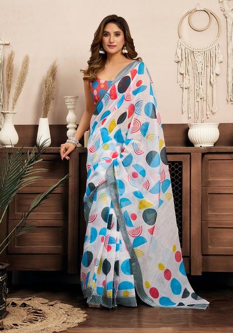 Multicolor Motif Cotton Blend Saree Set