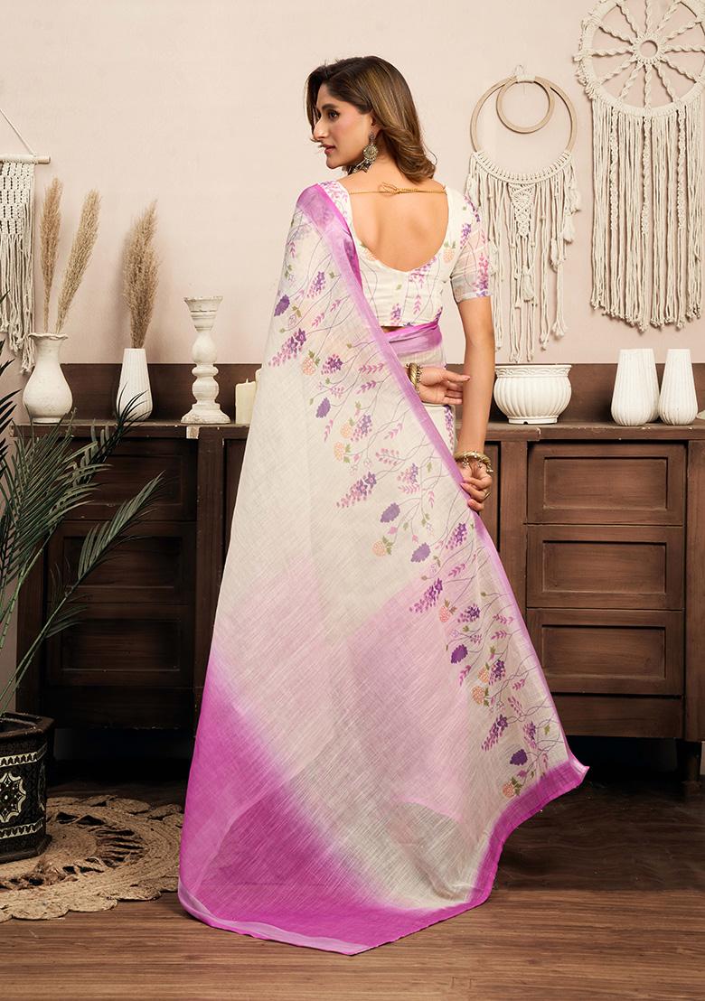 Off White Motif Cotton Blend Saree Set - Indya