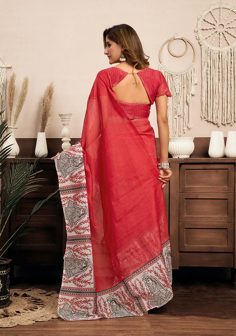 Red Motif Cotton Blend Saree Set - Indya