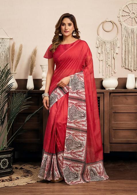 Red Motif Cotton Blend Saree Set