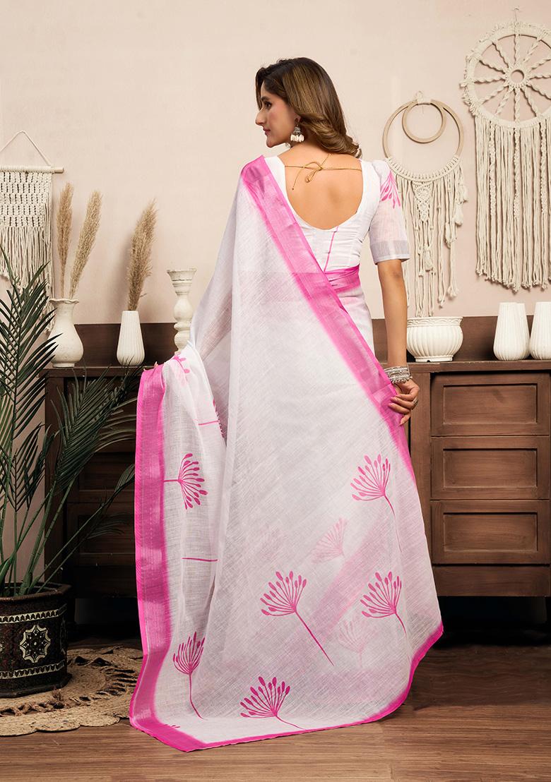 Light White Motif Cotton Blend Saree Set - Indya
