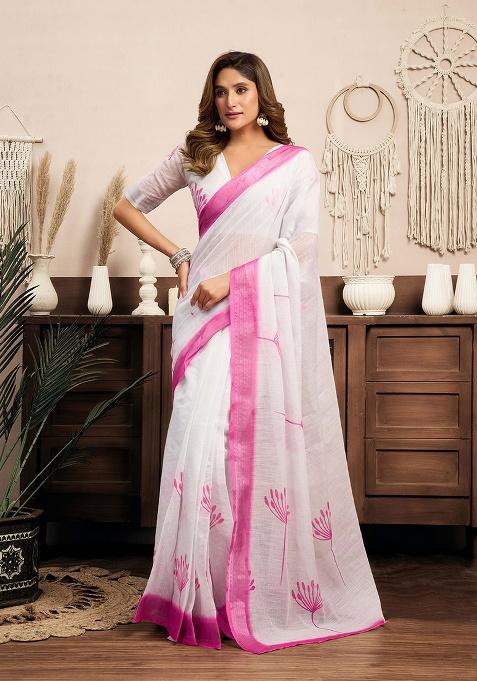 Light White Motif Cotton Blend Saree Set