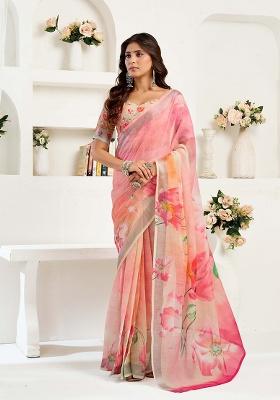 Light Peach Motif Cotton Blend Saree Set