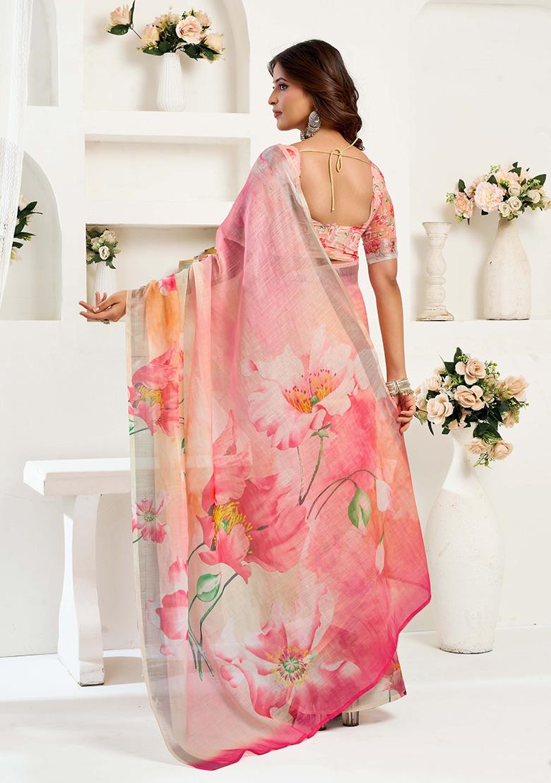 Light Peach Motif Cotton Blend Saree Set - Indya