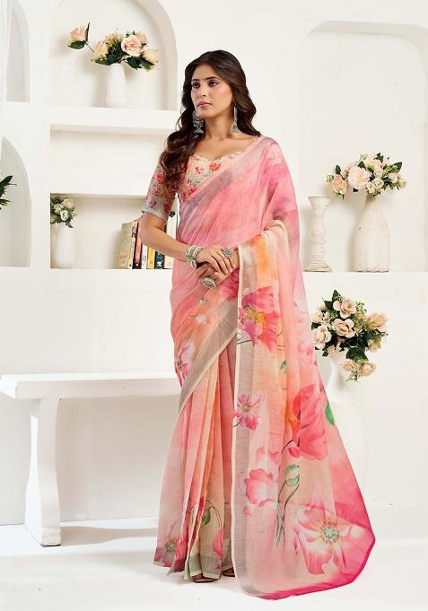 Light Peach Motif Cotton Blend Saree Set