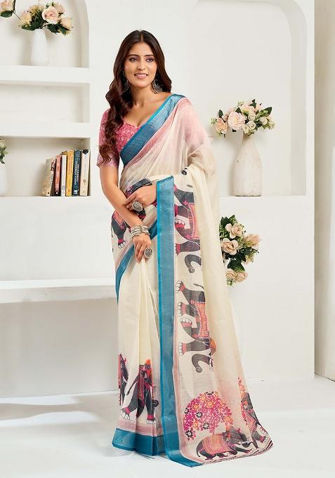 Cream Motif Cotton Blend Saree Set
