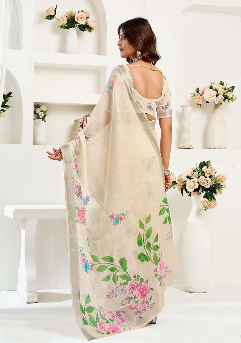 Light Beige Motif Cotton Blend Saree Set - Indya