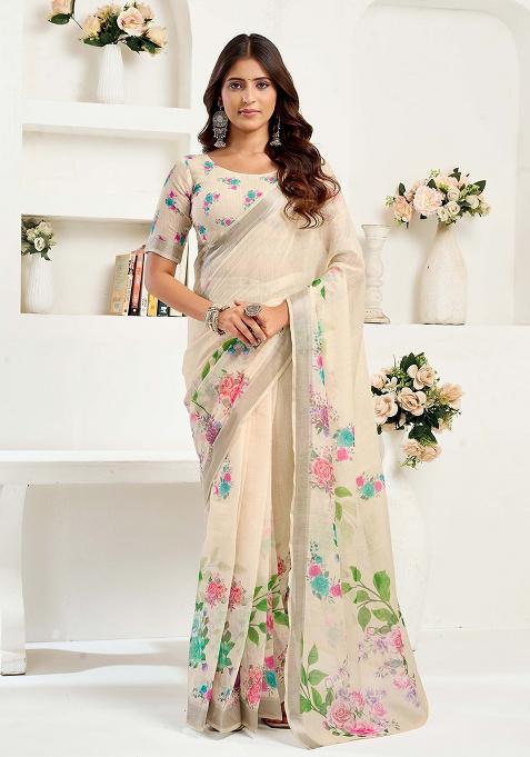 Light Beige Motif Cotton Blend Saree Set