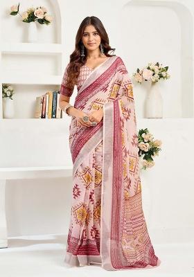 Maroon Motif Cotton Blend Saree Set