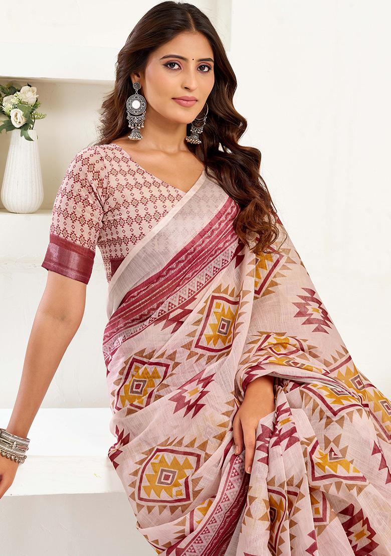Maroon Motif Cotton Blend Saree Set - Indya