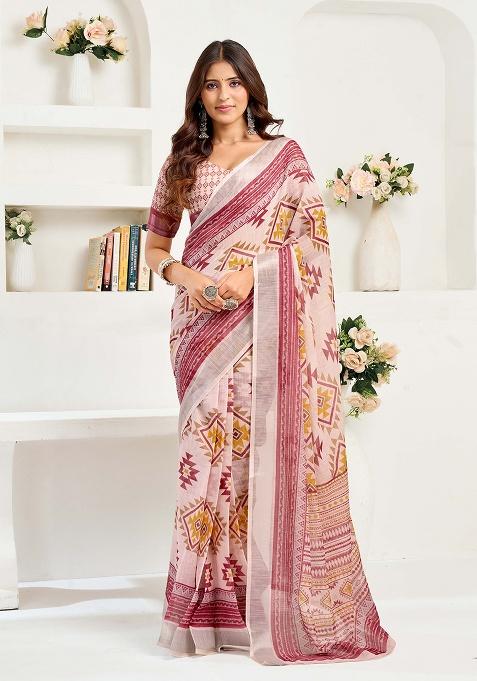 Maroon Motif Cotton Blend Saree Set