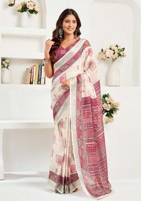 Off White Motif Cotton Blend Saree Set