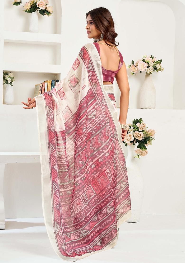 Off White Motif Cotton Blend Saree Set - Indya