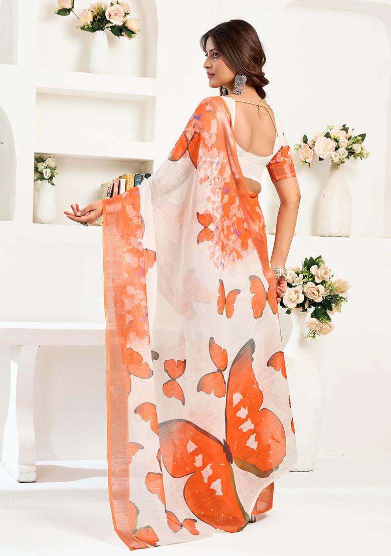 Orange Motif Cotton Blend Saree Set - Indya