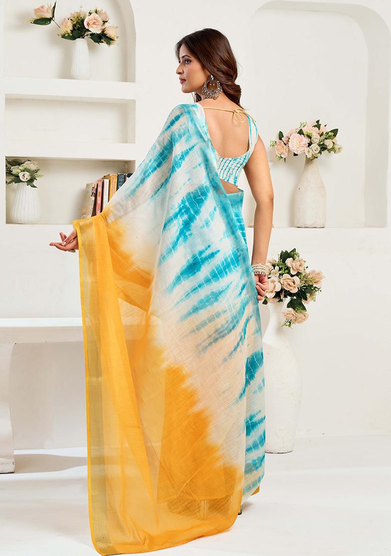 Aqua Blue Motif Cotton Blend Saree Set - Indya