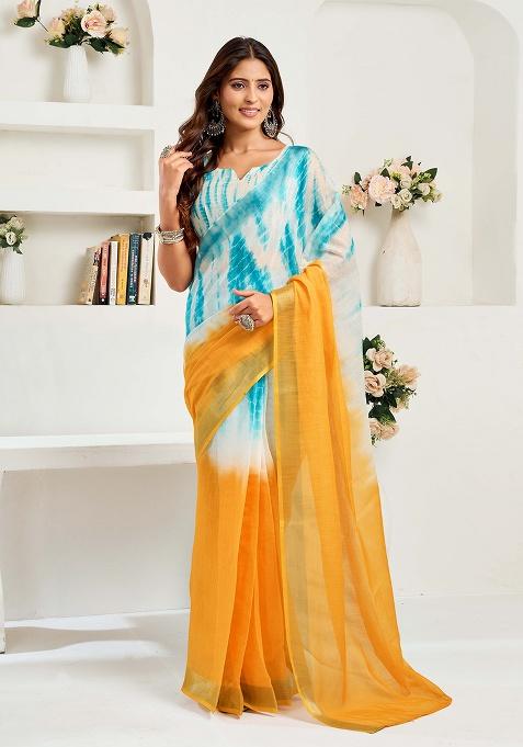 Aqua Blue Motif Cotton Blend Saree Set
