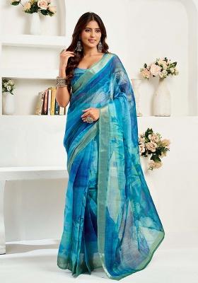 Blue Motif Cotton Blend Saree Set
