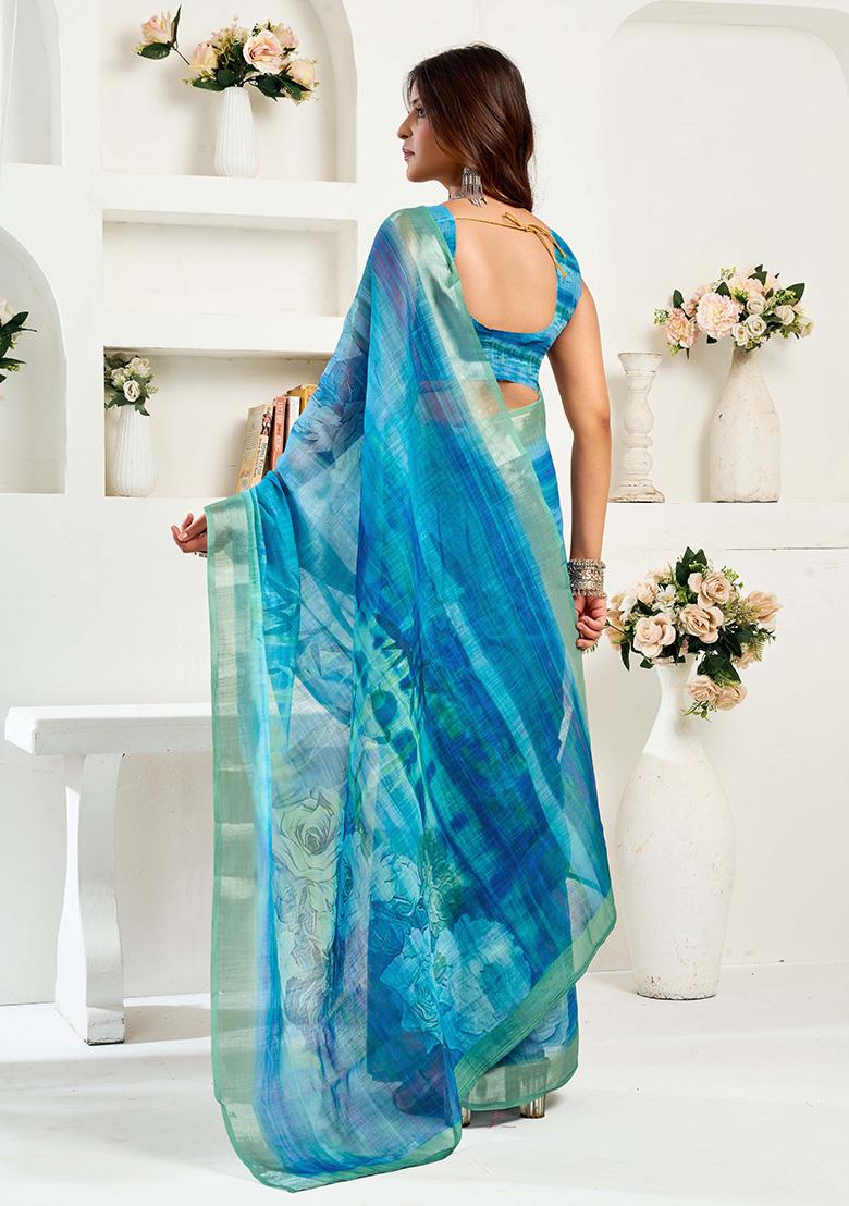 Blue Motif Cotton Blend Saree Set - Indya