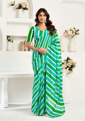 Green Motif Cotton Blend Saree Set