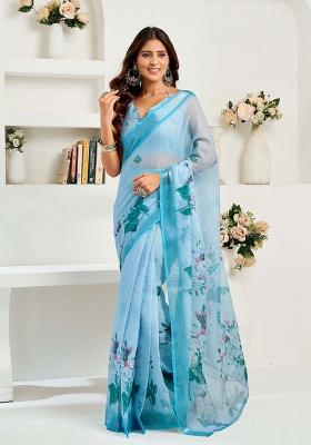 Sky Blue Motif Cotton Blend Saree Set