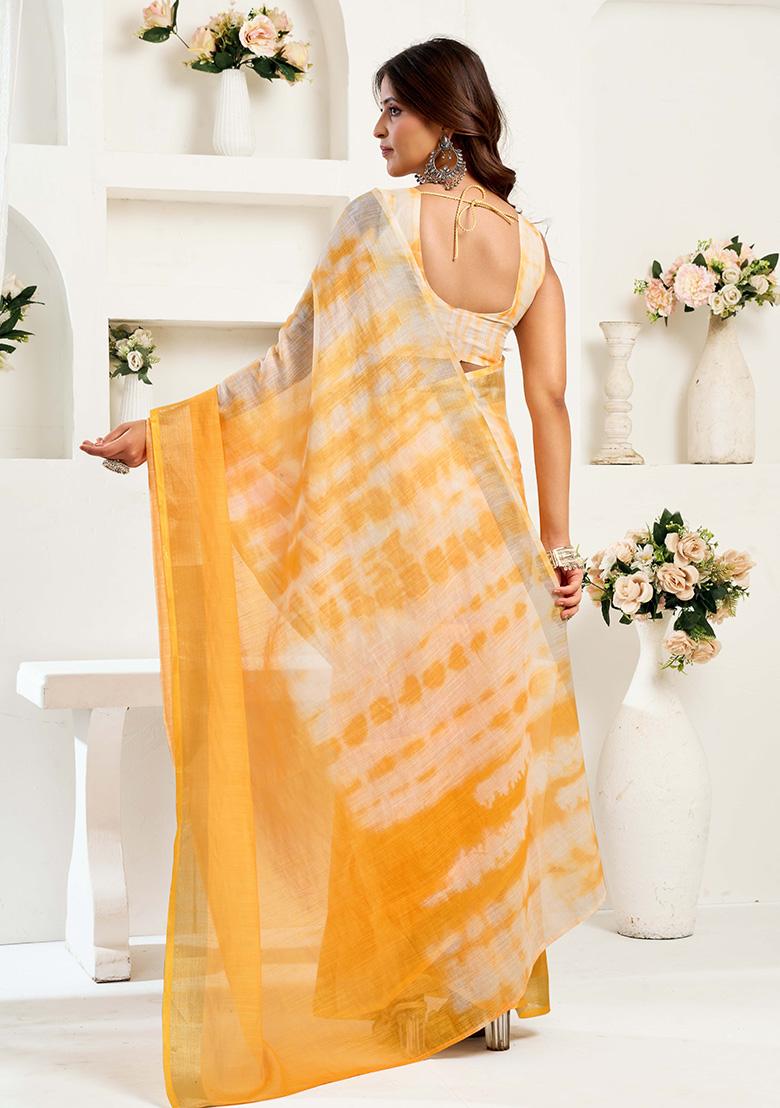 Yellow Motif Cotton Blend Saree Set - Indya
