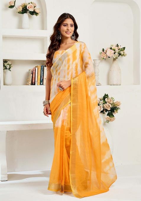 Yellow Motif Cotton Blend Saree Set