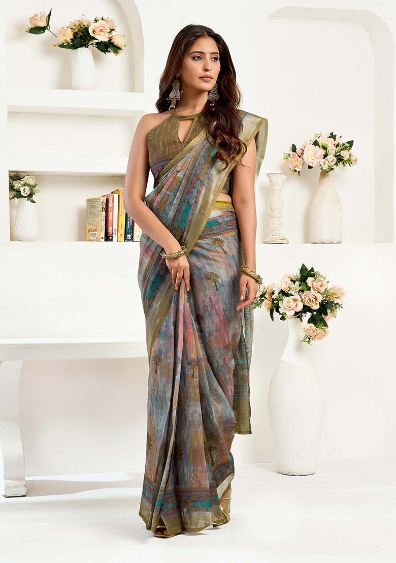 Multicolor Motif Cotton Blend Saree Set - Indya