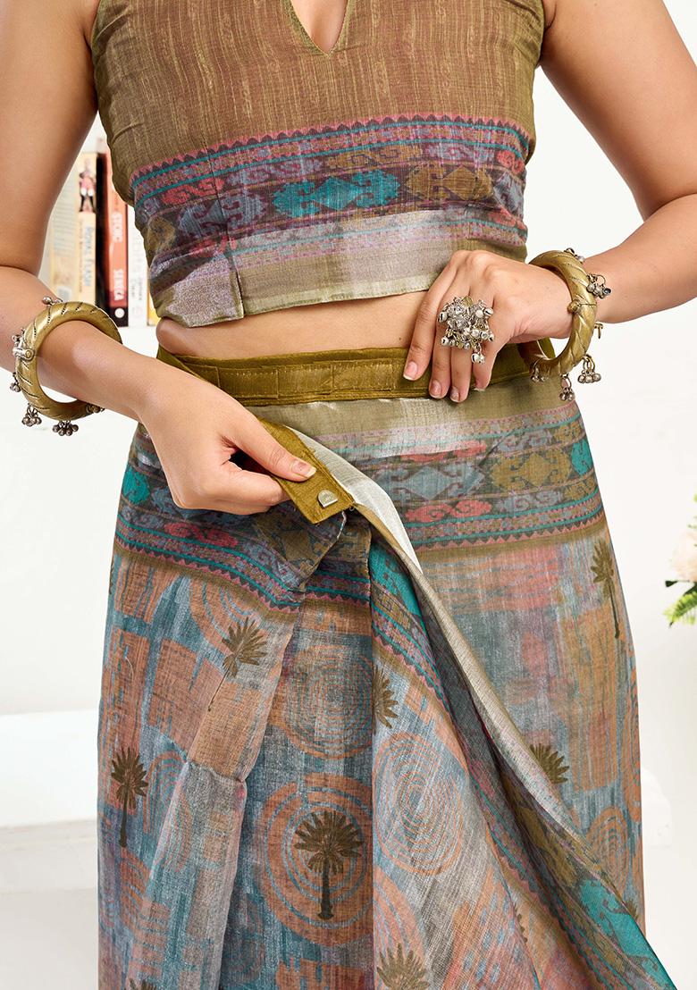 Multicolor Motif Cotton Blend Saree Set - Indya