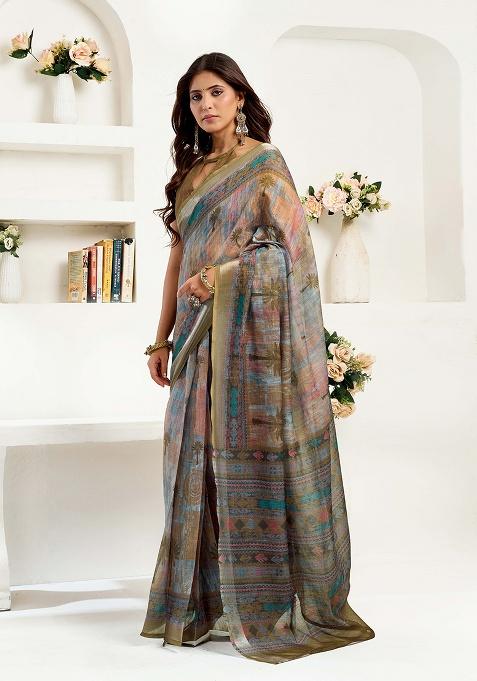 Multicolor Motif Cotton Blend Saree Set