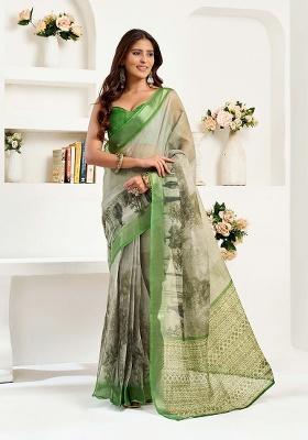 Light Green Motif Cotton Blend Saree Set