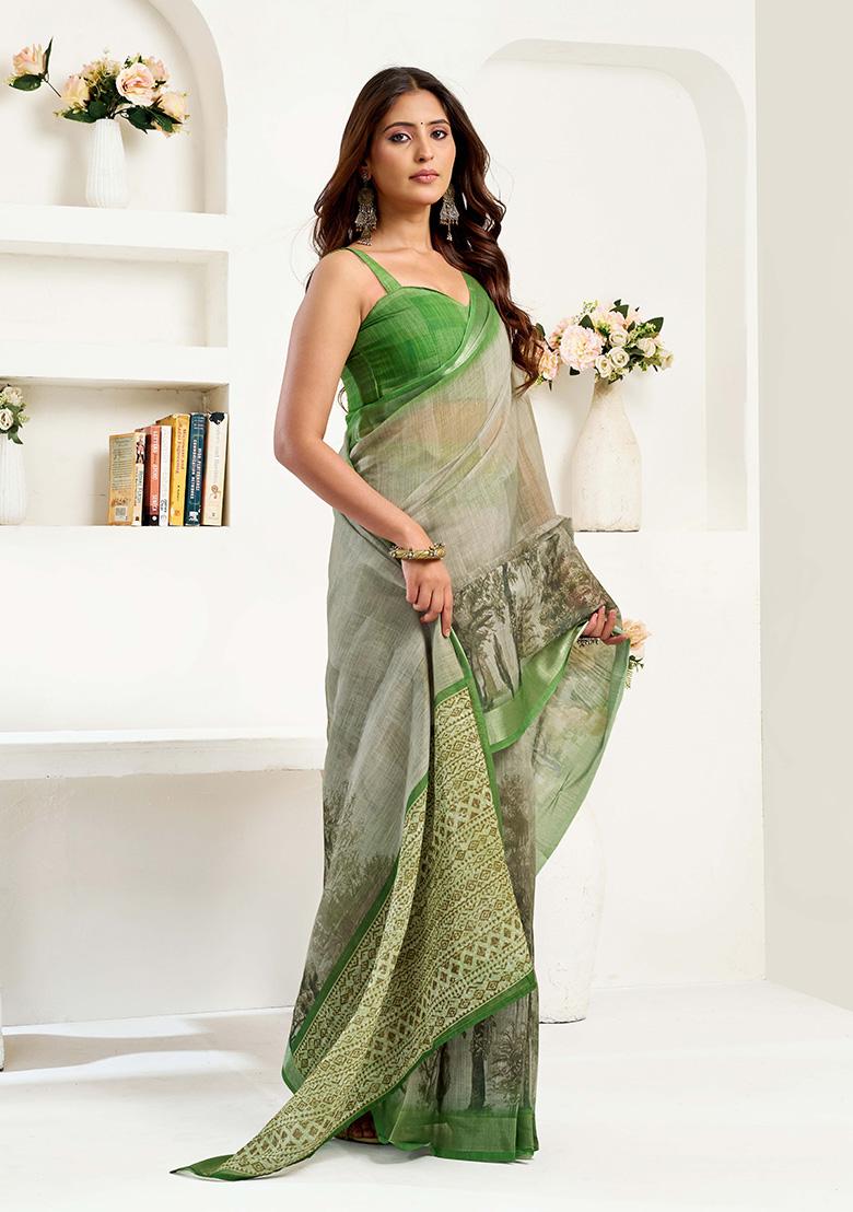 Light Green Motif Cotton Blend Saree Set - Indya