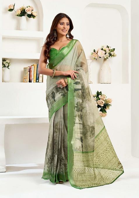Light Green Motif Cotton Blend Saree Set