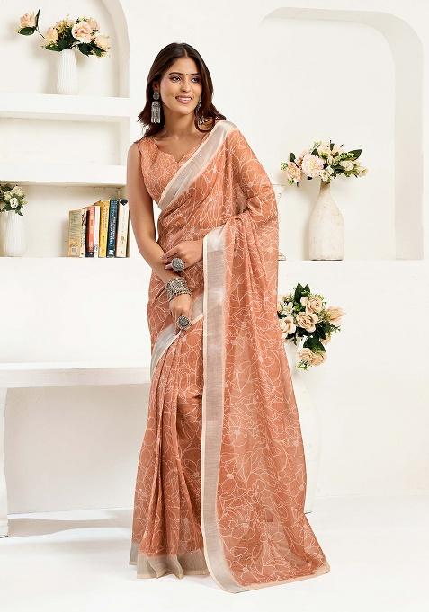 Peach Motif Cotton Blend Saree Set