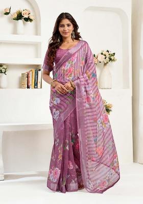 Light Mauve Motif Cotton Blend Saree Set